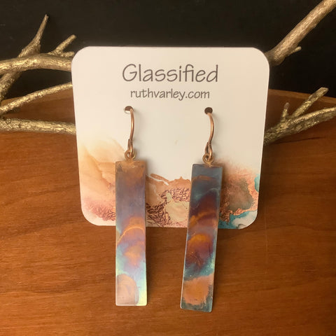 Flame Copper Rectangle Earrings, Ruth Varley, Ogdensburg, NY