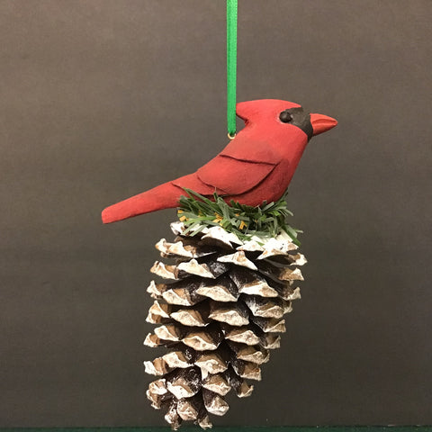 Hand Carved Painted Cardinal on Pinecone