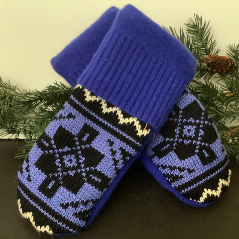 “Upcycled" Wool Sweater Mittens Blue, Black and White Icelandic Knit, Tina Charbonneau, Lake Placid, NY