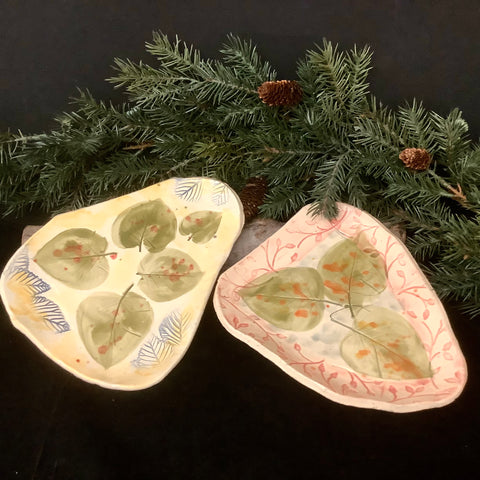 Hand-built Leaf Shaped Dish with Impressed Leaf Pattern in Multicolors, Jackie Sabourin, Lake Shore Road, Peru, NY