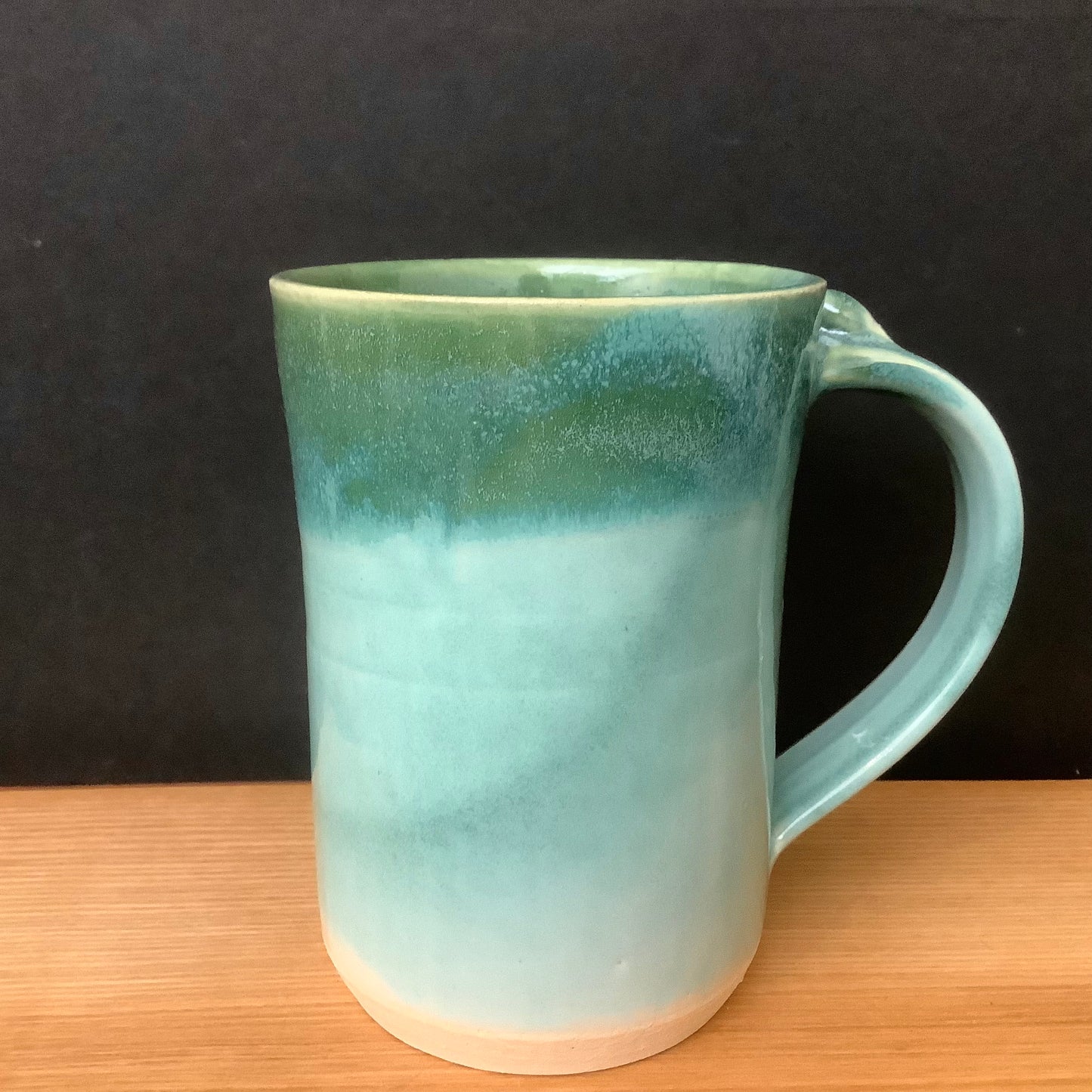 Tall Mug in Light Green with Dark Turquoise Drip Rim, Linda Petroccione, DeKalb Junction, NY