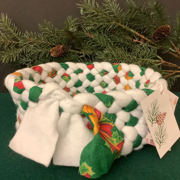 Small Braided Basket in White Flannel Christmas Fabrics