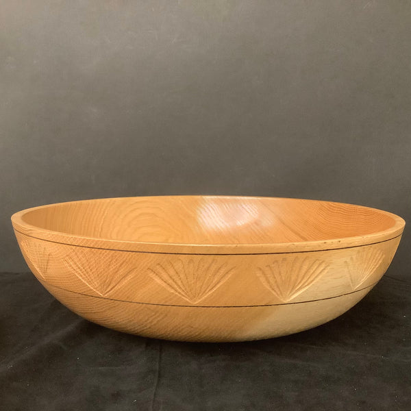 Large White Oak Bowl with Carved Fan Design