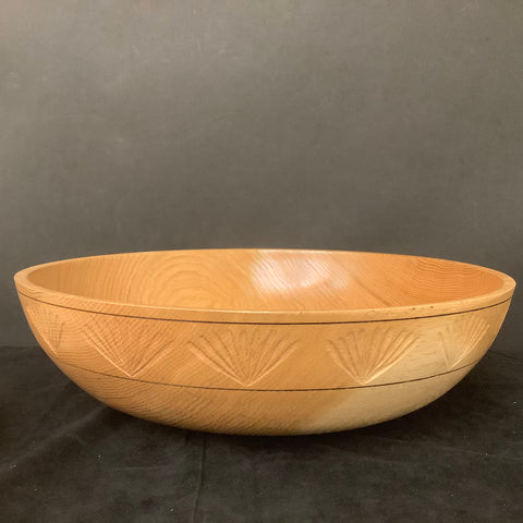Large White Oak Bowl with Carved Fan Design