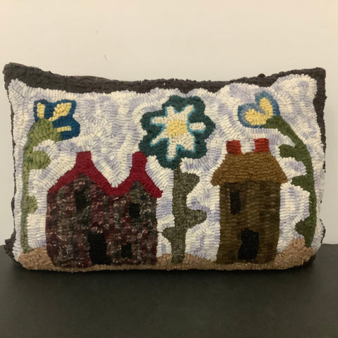 Pillow with Folk Art Houses and Flowers, Pat Ullrich, DeKalb, NY