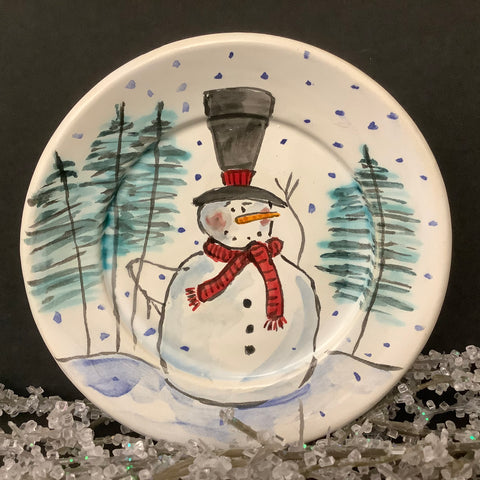 Mini White Plate Snowman with Trees, Roxanne Locy