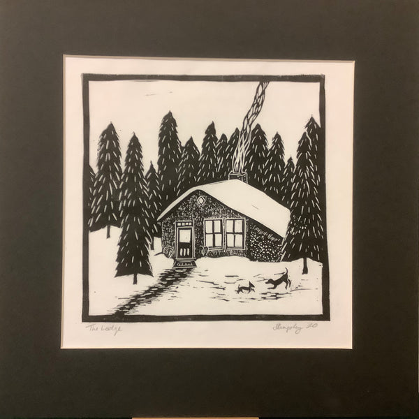 “The Lodge” Rubber Block Print with Black Mat