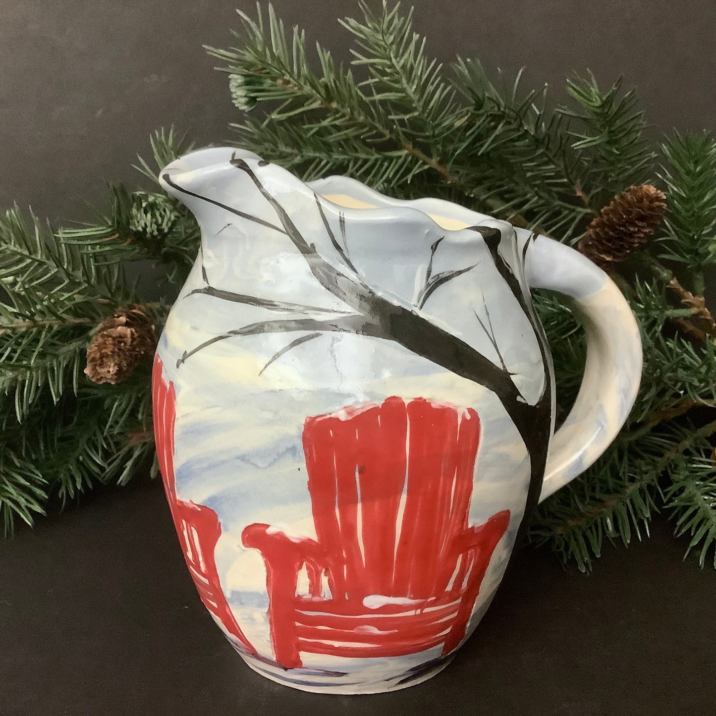 Pitcher Winter Scene with Red Adirondack Chairs, Roxanne Locy, Canton, NY