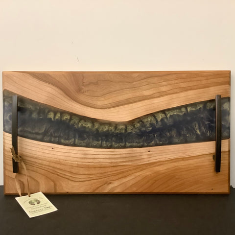 Inlaid Cherry Wood Serving Tray with Blue Green Acrylic Resin Center, Fay Anderson, Bloomingdale, NY