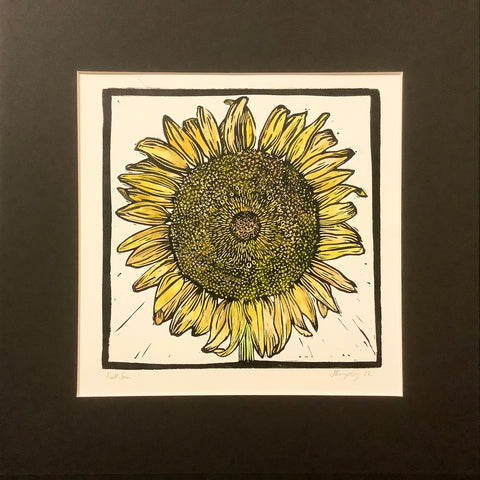 “Full Sun” Hand Colored Rubber Block Print with Black Mat, Johanna Kingsley, DeKalb Junction, NY