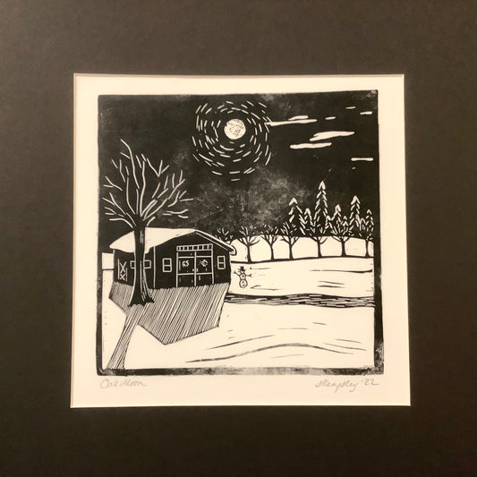 “Oak Moon” Rubber Block Print with Black Mat