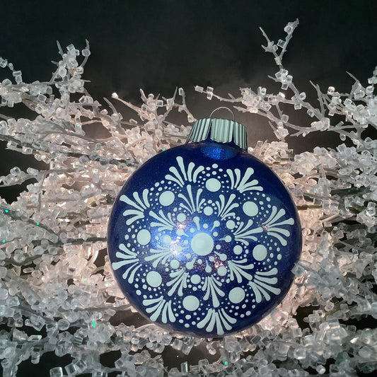 Hand Painted Christmas Tree Ornament Cobalt Blue with Snowflake Design
