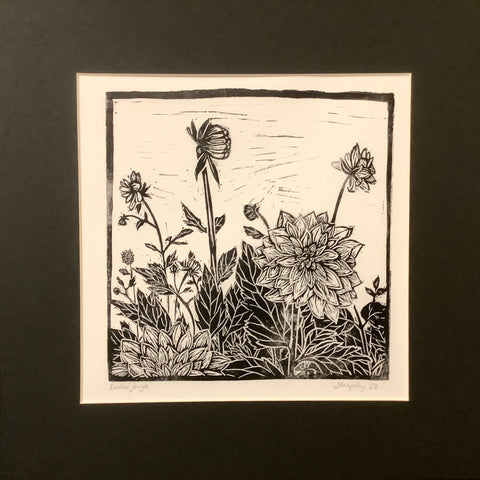 “Dahlia Jungle” Rubber Block Print with Black Mat