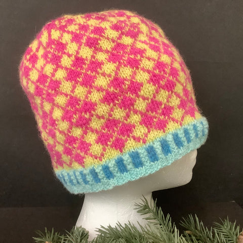 Hand Knitted Wool Hat in Hot Pink, Yellow, Aqua and Turquoise, Mona Zillah, Madrid, NY