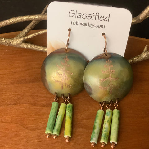 Flame Copper Disc Earrings Etched Pine Tree Design in Green Tones with Green Beads, Ruth Varley, Ogdensburg, NY Green