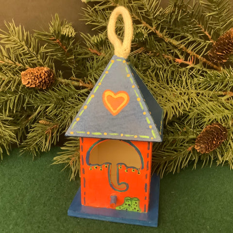 Small Birdhouse Orange with Blue Roof