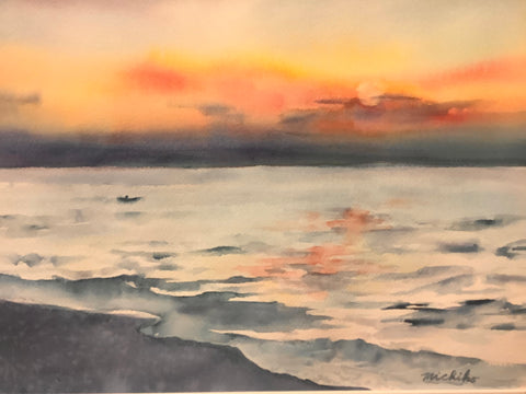 “Sunset Shore", Matted Original Watercolor, Michiko Taylor, Potsdam, NY