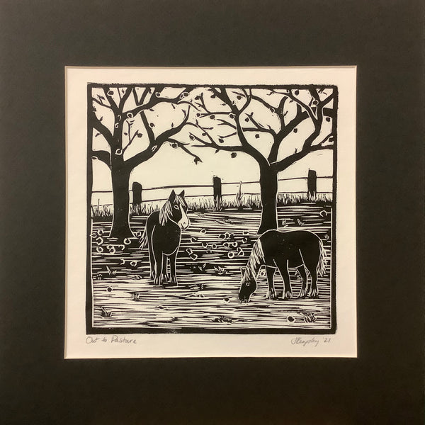 “Out to Pasture” Rubber Block Print with Black Mat