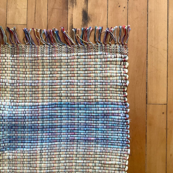 “Upcycled" Woven Rug in Pale Yellow & Blue
