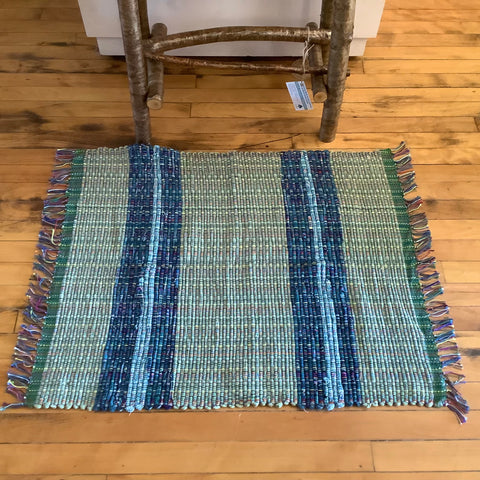 “Upcycled" Woven Rug in Sage Green and Blues, Connie Denney, Rocky Bottom Rustic Crafts