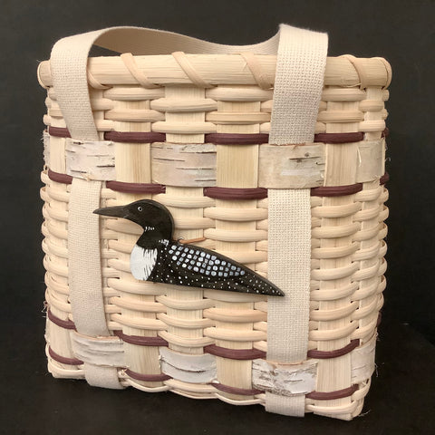 Small Tote Splint Basket with Birch Bark Weavings and Painted Wood Loon, with Heavy Cloth Handles, Alice Antwine, Edwards, NY
