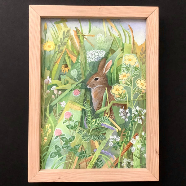“Rabbit and Wildflowers” Framed Painting on Chipboard
