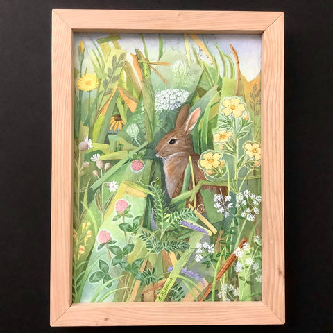 “Rabbit and Wildflowers” Framed Painting on Chipboard, Susan Robinson, Ogdensburg, NY