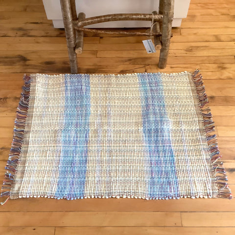“Upcycled" Woven Rug in Pale Yellow and Blue, Connie Denney, Rocky Bottom Rustic Crafts