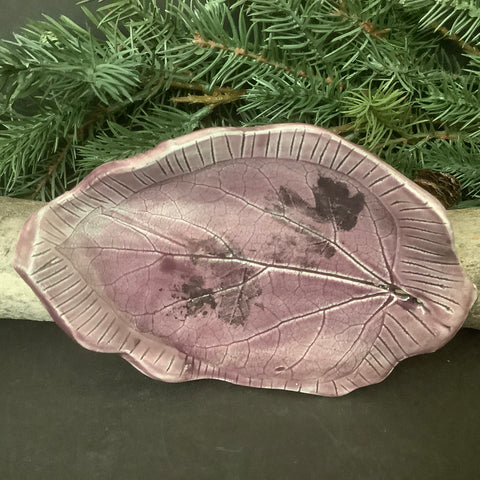 Small Hand-built Leaf Shaped Trinket Dish with Impressed Leaf Pattern in Purple, Jackie Sabourin, Lake Shore Road, Peru, NY