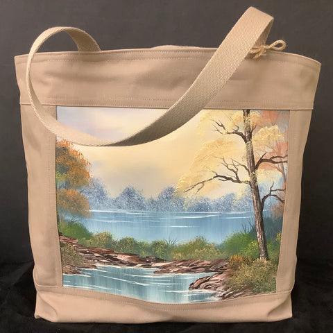 “Tumbling Stream”, Handmade Canvas Tote with Inset Original Oil Painting on Canvas, Yvonne Corbett and Ruth Varley, Ogdensburg, NY