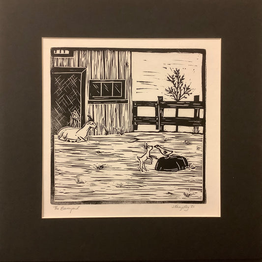“The Barnyard”, Rubber Block Print with Black Mat