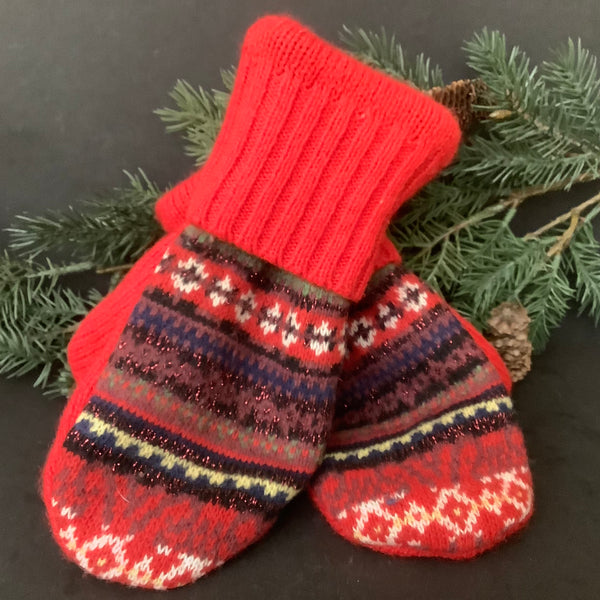 “Upcycled" Wool Sweater Mittens Red Fairisle Pattern with Glitter Threads