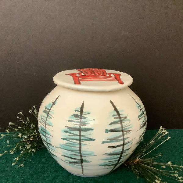 Ginger Jar White with Trees & Red Adirondack Chair on the Lid