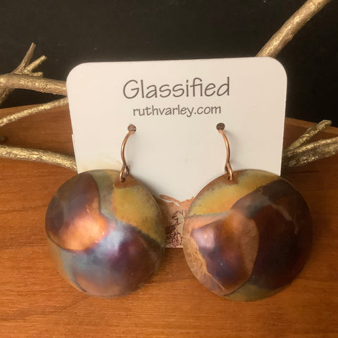 Flame Copper Disc Earrings Gold/Copper Tones, Ruth Varley, Ogdensburg, NY