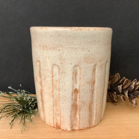 Ceramic Vase Cream and Rust with Carved Design, Lacy Wood
