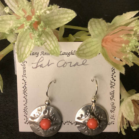 Silver Disc Earring with Lab Created Coral Stones