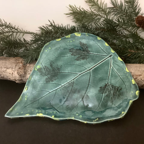 Hand-built Leaf Shaped Dish with Impressed Leaf Pattern in Teal, Jackie Sabourin, Lake Shore Road, Peru, NY