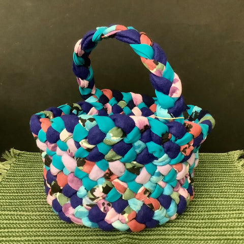 Small/Medium Handled Braided Basket in Blues and Patterned Fabrics, Debbie Orland, Colton, NY