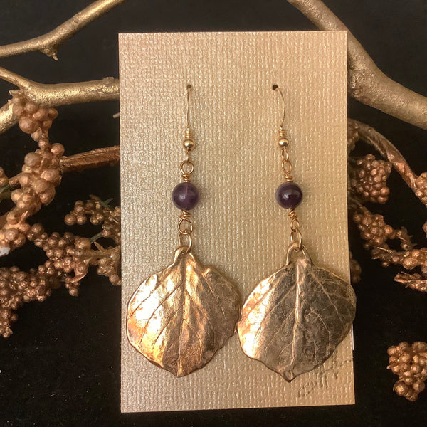 Bronze Aspen Leaf Earring with Amethyst