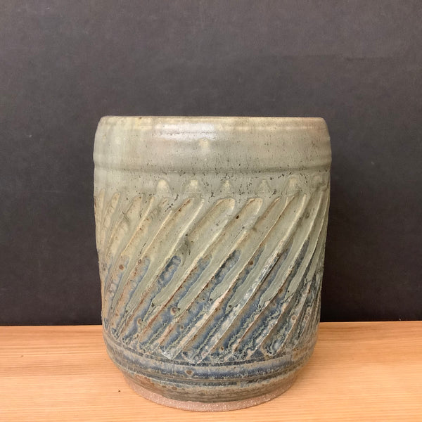 Stoneware Crock Blue Ash Glaze Carved Design