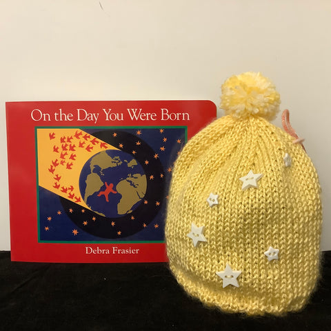 Knitted Yellow Baby/Toddler Hat with Star Buttons