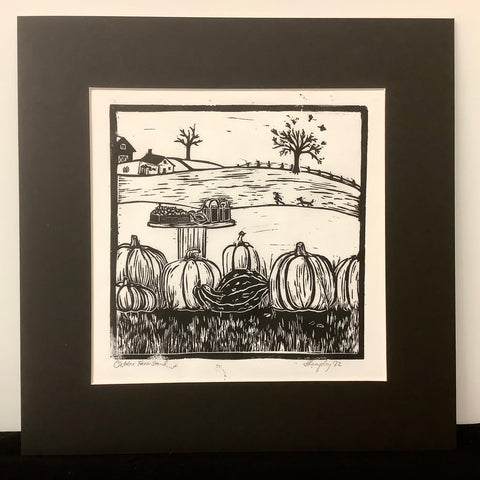 “October Farmstead” Rubber Block Print Matted, Johanna Kingsley, DeKalb Junction, NY