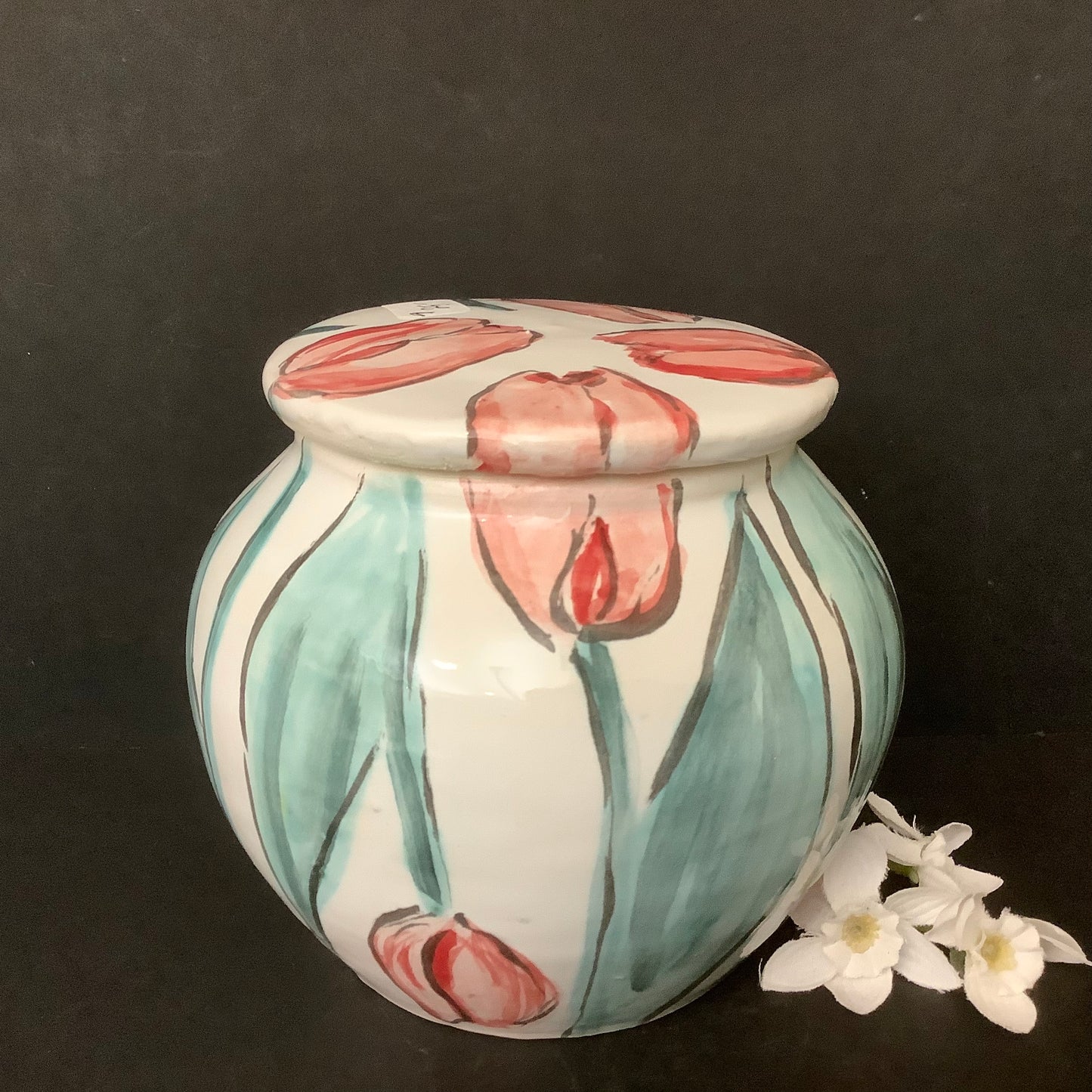 White Ginger Jar with Pale Pink Tulips