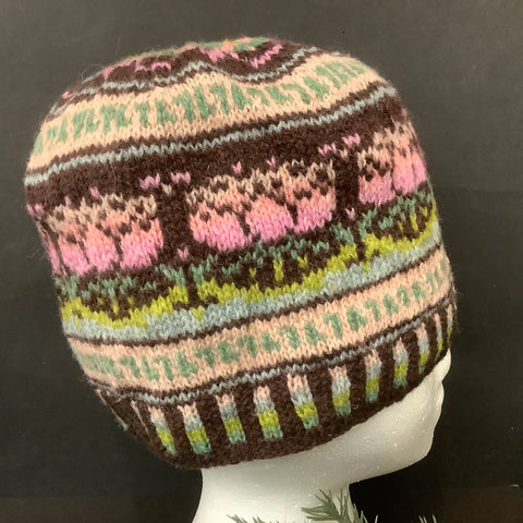 Hand Knitted Wool Hat in Brown with Pink, Lime and White, Mona Zillah, Madrid, NY