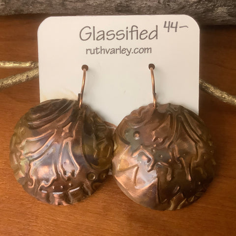 Flame Copper Deep Embossed Earrings, Ruth Varley, Ogdensburg, NY