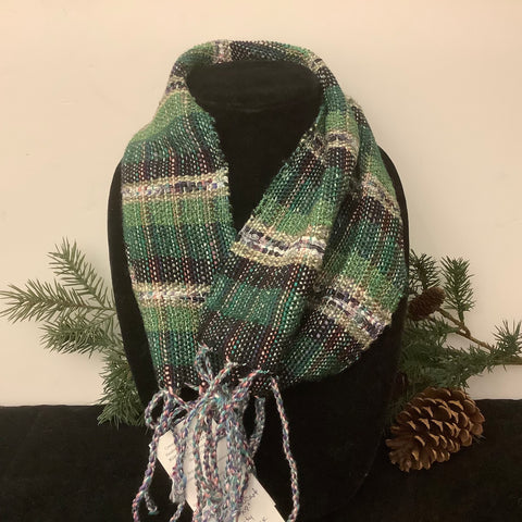 Handwoven Silk, Cotton,Linen "Jamie” Small Infinity Scarf  in Rich Greens and Black, Kim Davidson
