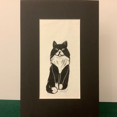 “Dignified Cat” Rubber Block Print with Black Mat