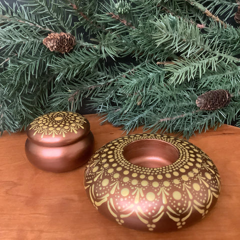 Hand Painted Trinket Box and Tealight Holder in Copper Brown with Gold Design