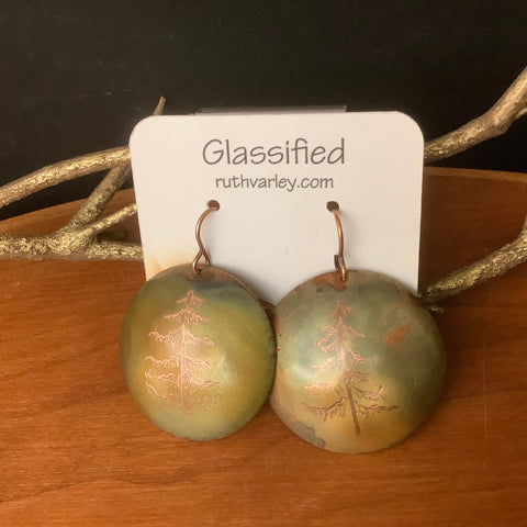 Flame Copper Disc Earrings Green Tones with Pine Tree, Ruth Varley, Ogdensburg, NY