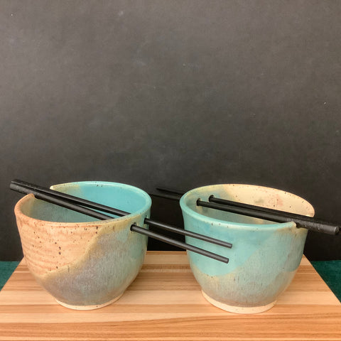 Set of Two Rice Bowls in Turquoise and Sand with Chopsticks